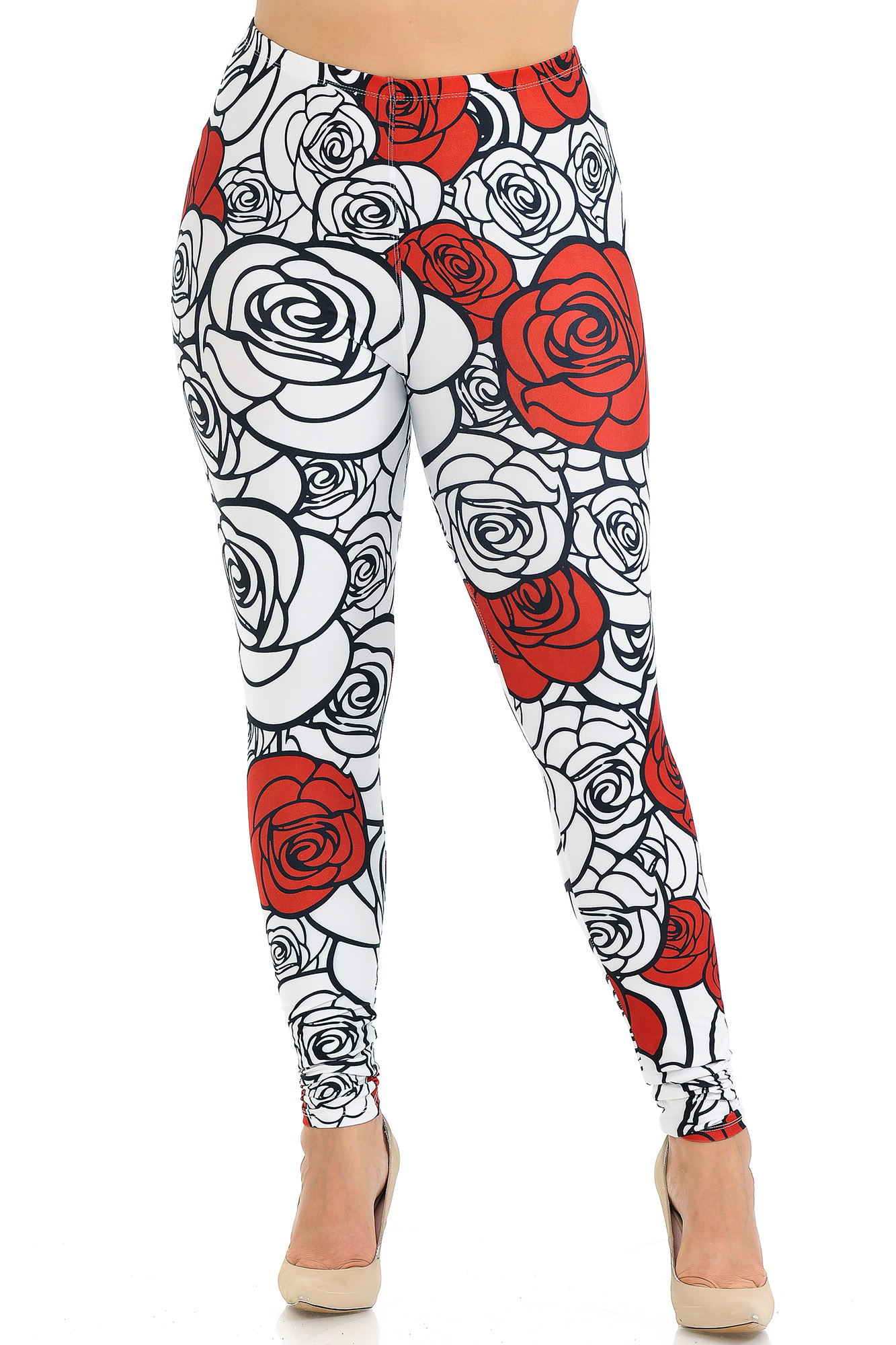 Wholesale Creamy Soft Red Stencil Roses Plus Size Leggings - USA Fashion™