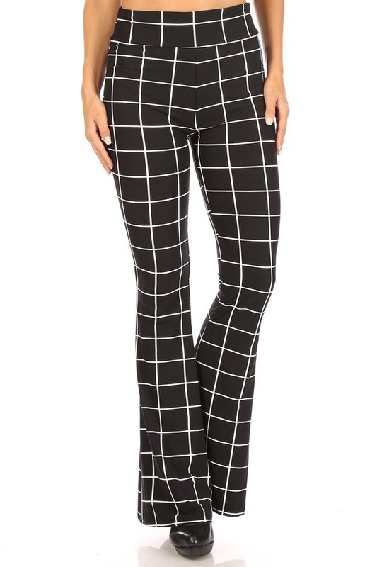 Wholesale Buttery Smooth Black and White Grid Bell Bottom Leggings