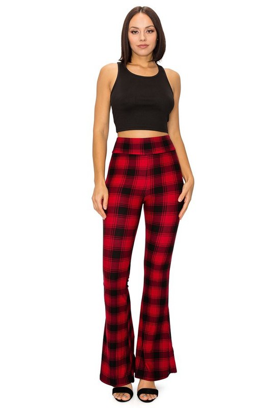 Wholesale Buttery Smooth Red and Black Plaid Bell Bottom Leggings