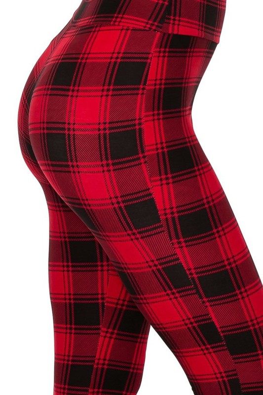 Wholesale Buttery Smooth Red and Black Plaid Bell Bottom Leggings