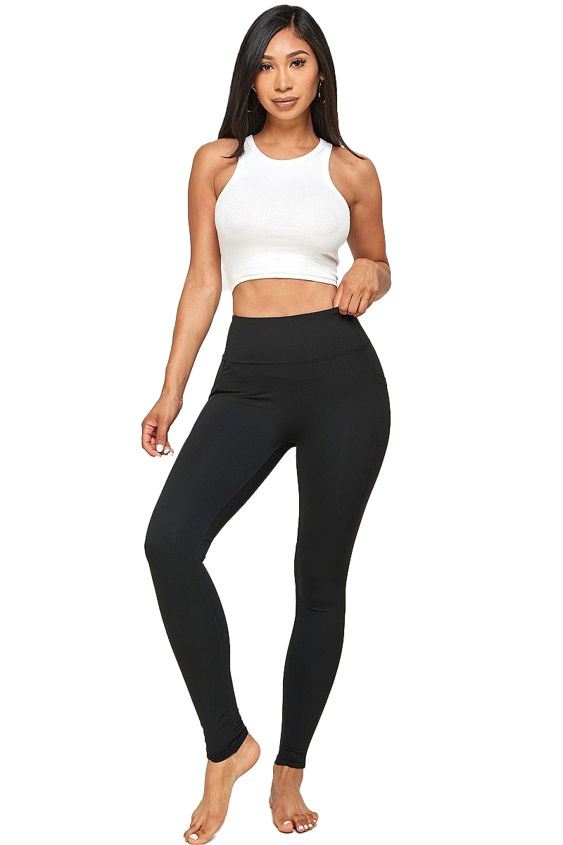 Solid High Waisted Black Workout Buttery Smooth Leggings with Side Pockets