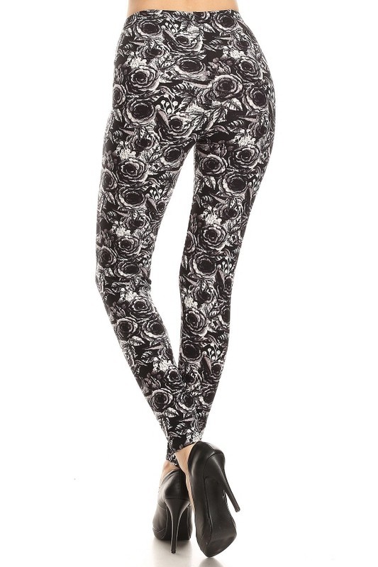 Wholesale Buttery Smooth Black and White Rose Floral Leggings