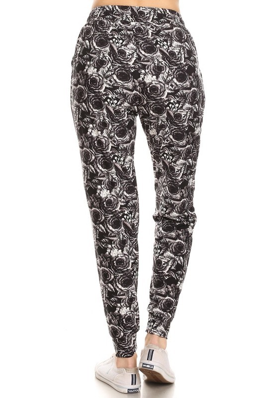 Wholesale Buttery Smooth Black and White Rose Floral Joggers