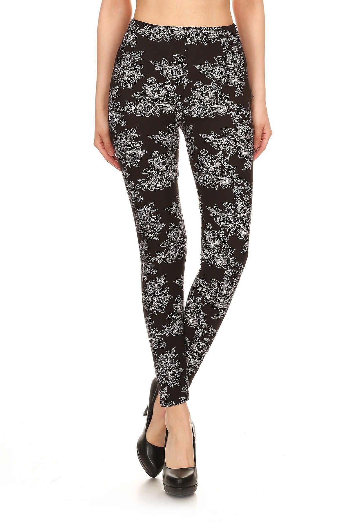 Wholesale Buttery Smooth Black and White Floral Outline Leggings