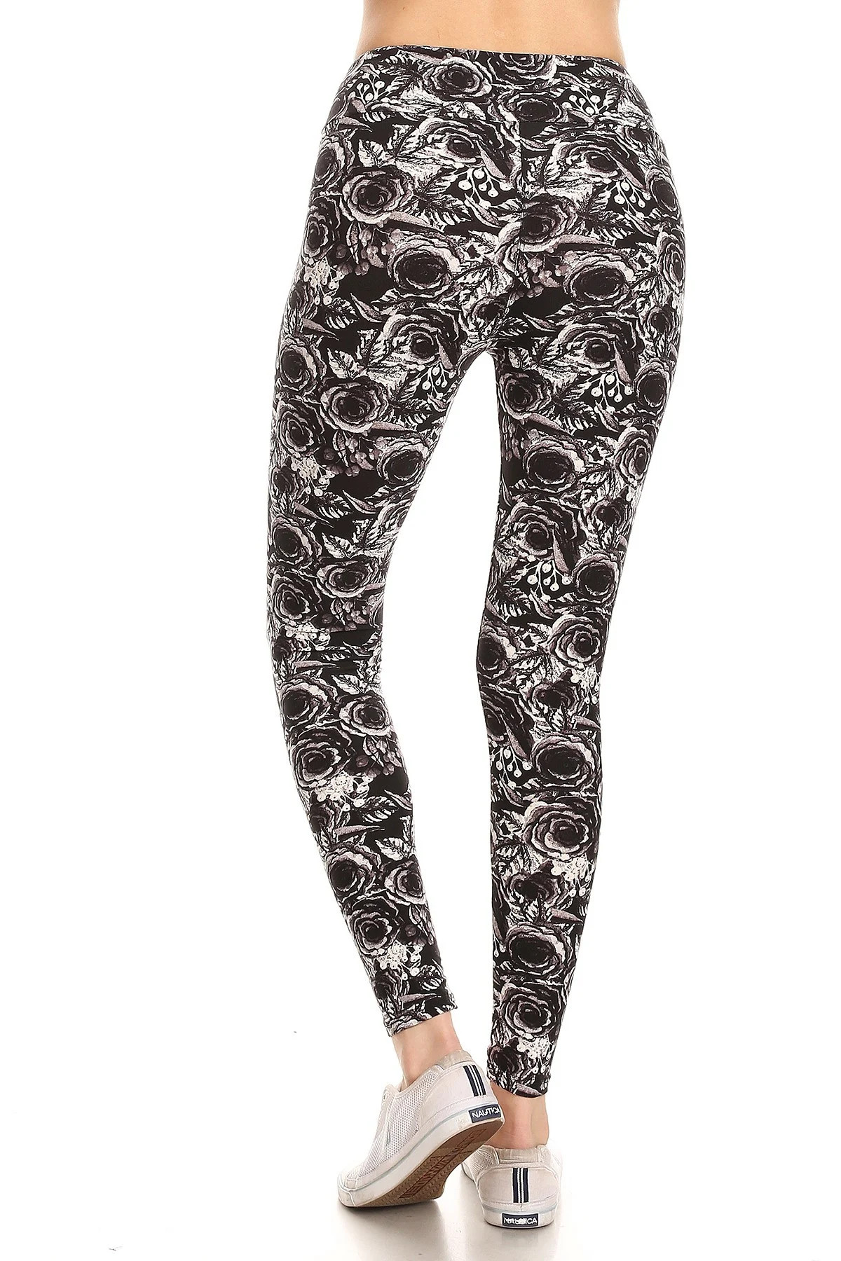 Wholesale Buttery Smooth Black and White Rose Floral High Waist Plus Size Leggings