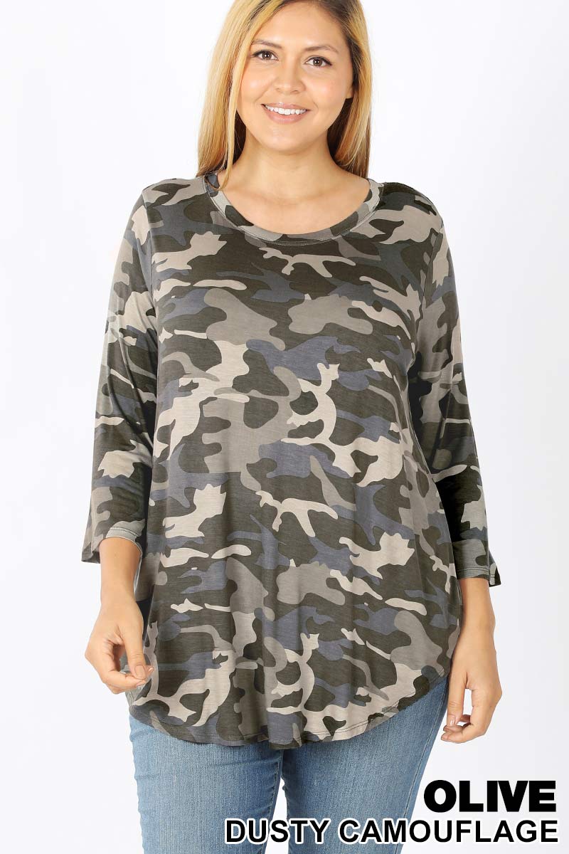 Wholesale Rayon Camouflage 3/4 Sleeve Round Neck & Hem Plus Size Top