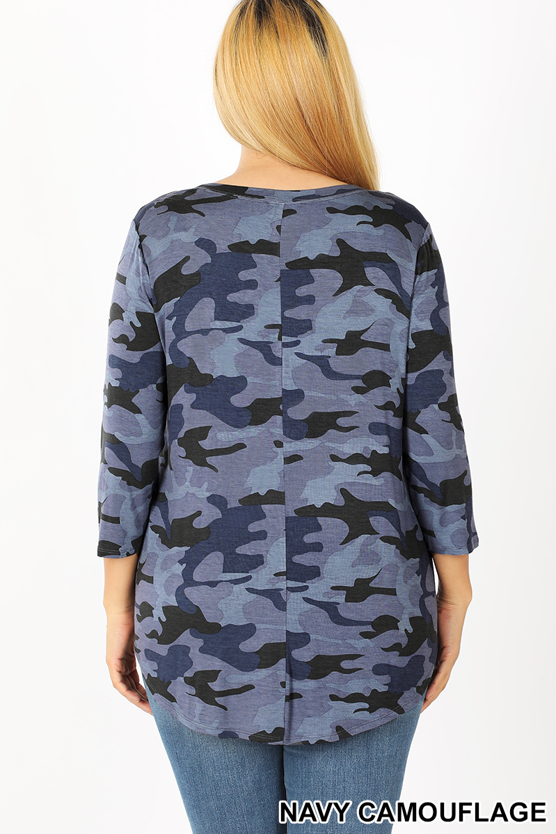 Wholesale Rayon Camouflage 3/4 Sleeve Round Neck & Hem Plus Size Top