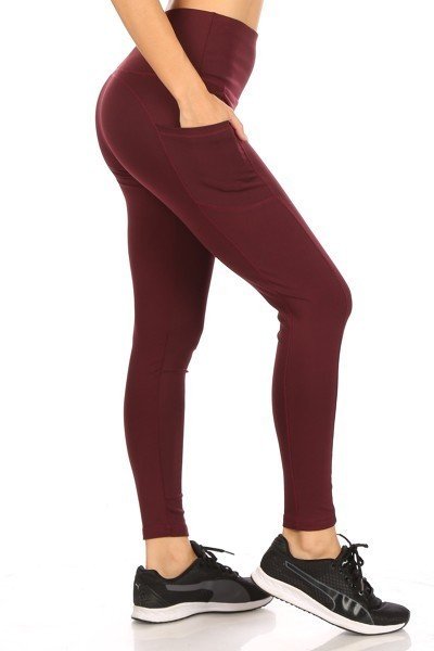 Right side of Burgundy Solid High Waisted Sports Leggings with Side Pockets