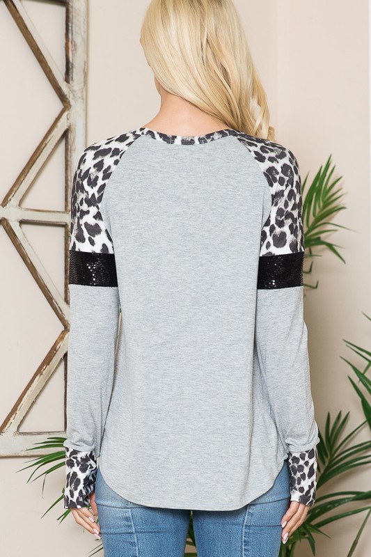 Wholesale Leopard Contrast Sequin Pocket Long Sleeve Top with Thumbholes