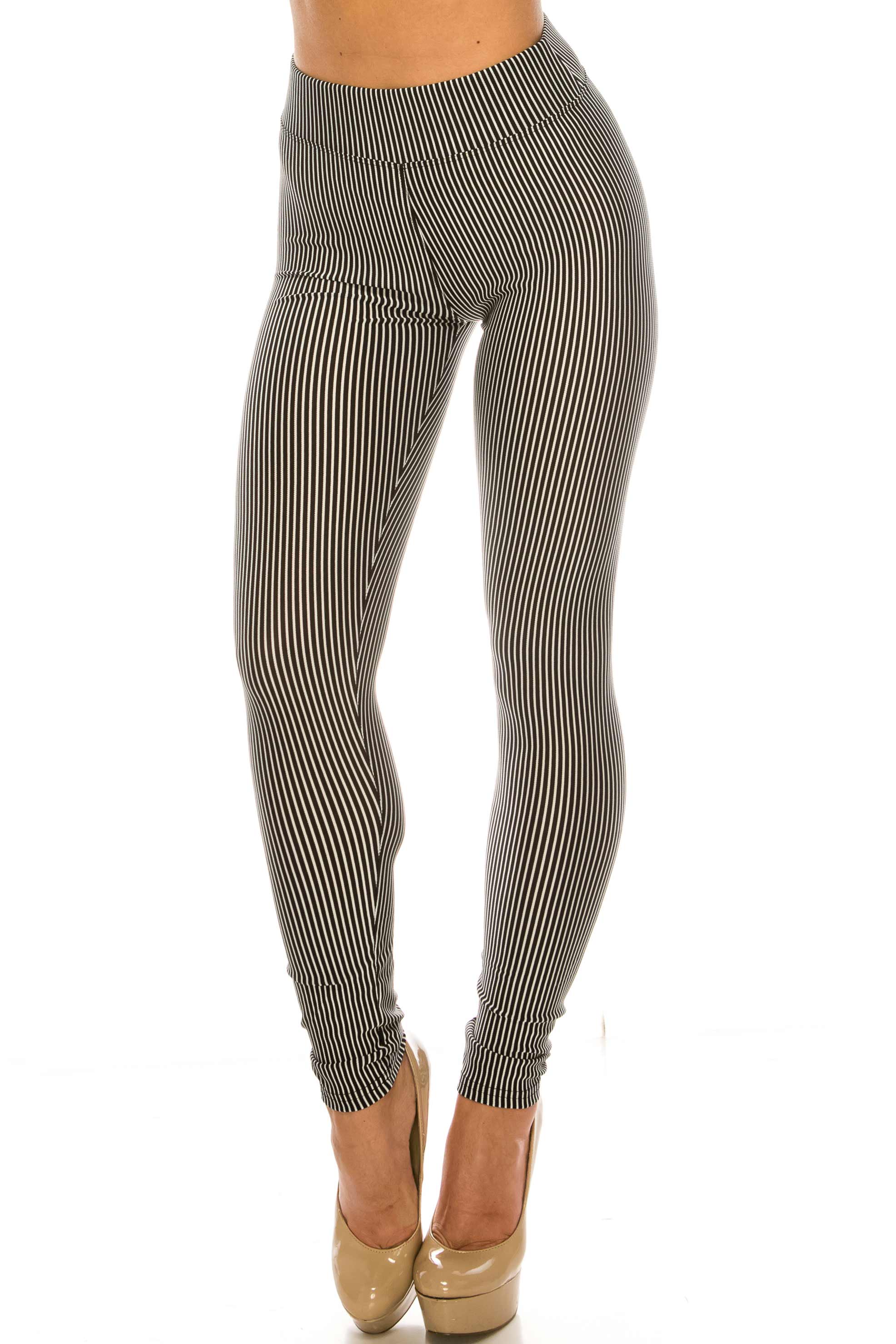 Wholesale White Stripe Accent High Waisted Leggings - Thick