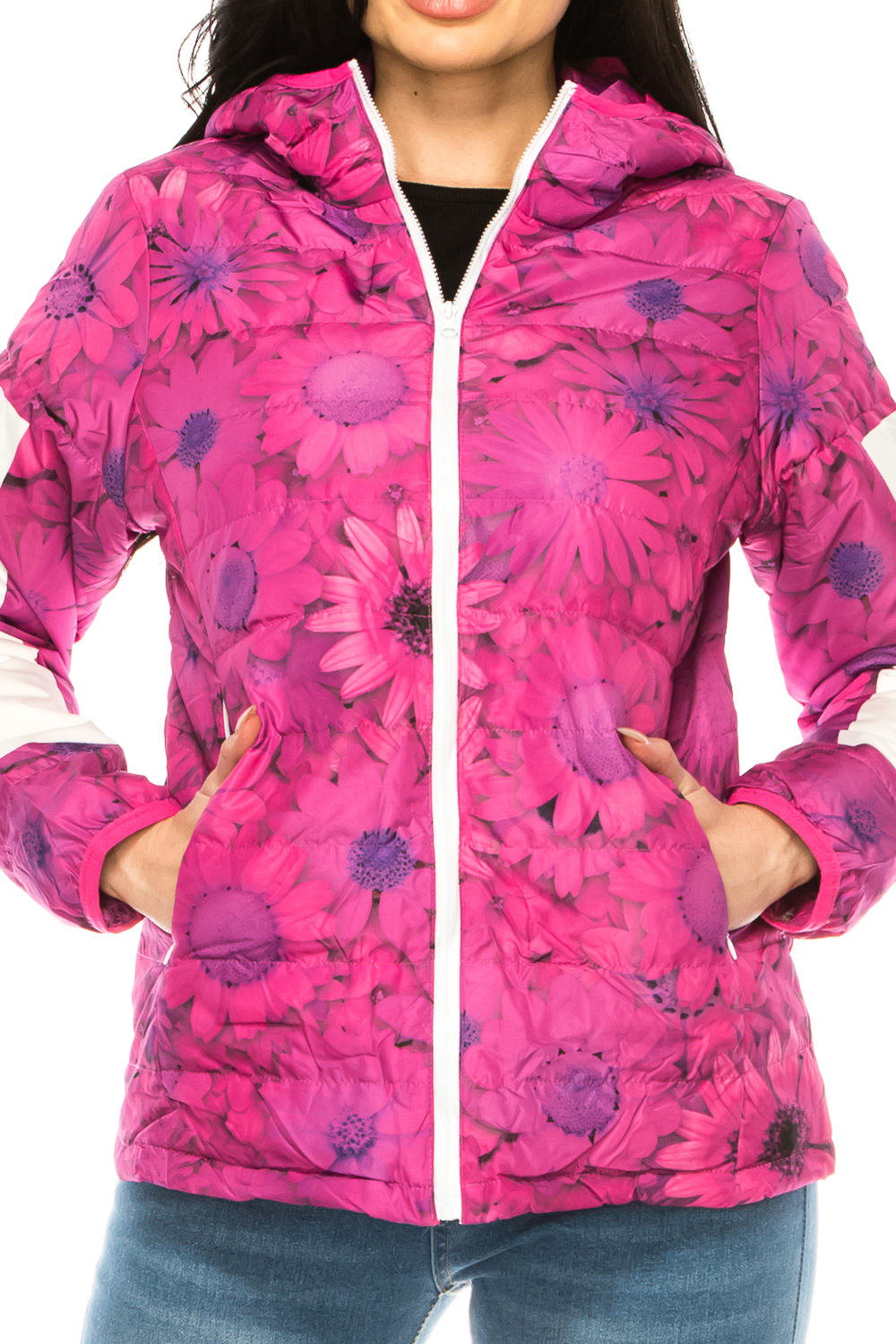 Wholesale Women's Fuchsia Daisy Winter Puffer Down Jacket