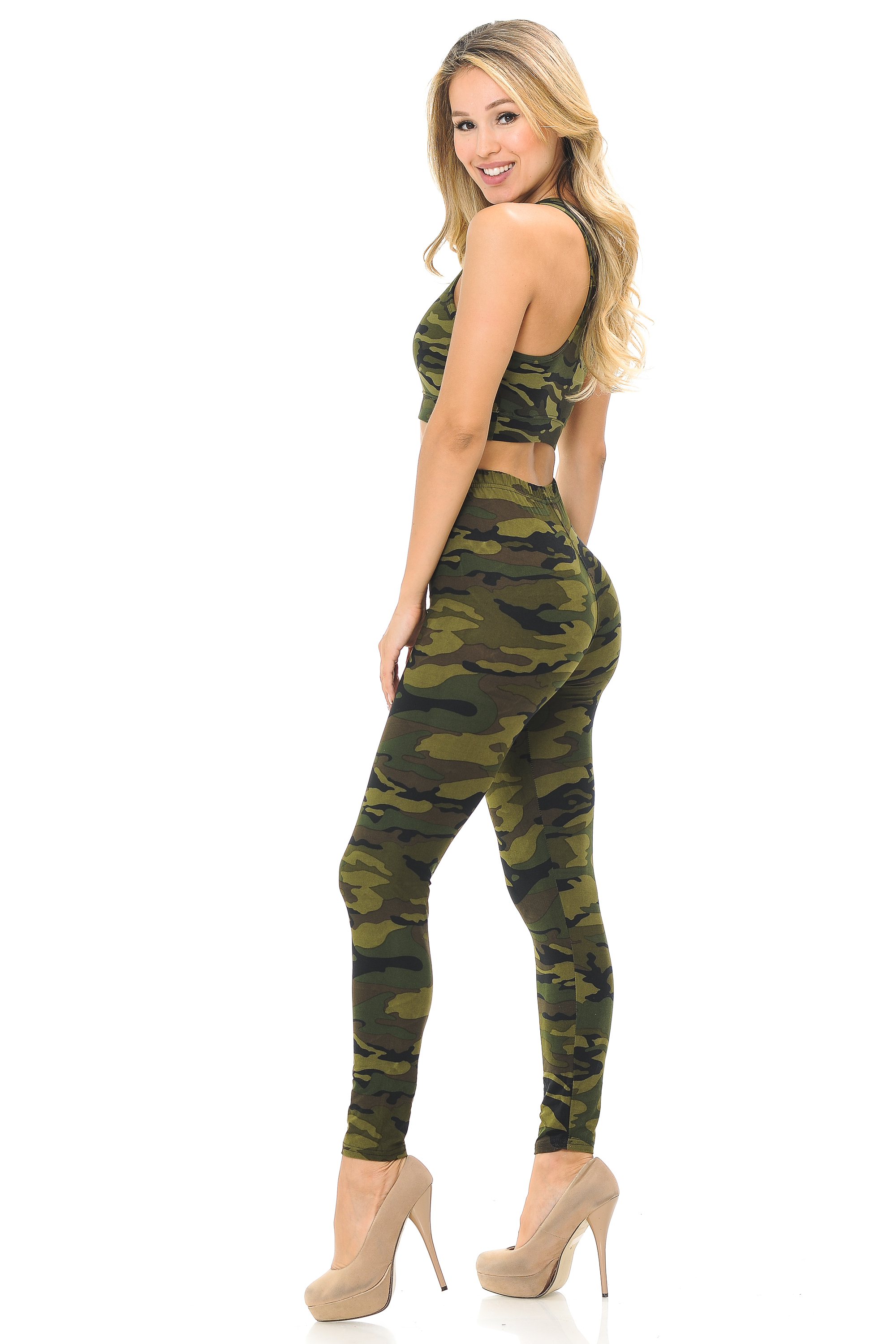 Wholesale Buttery Smooth Green Camouflage Leggings and Bra Set
