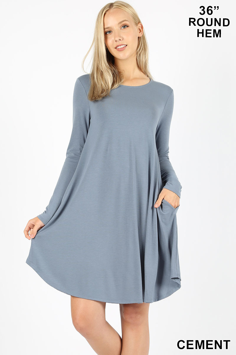 Wholesale Premium Long Sleeve A-Line Round Hem Rayon Tunic with Pockets