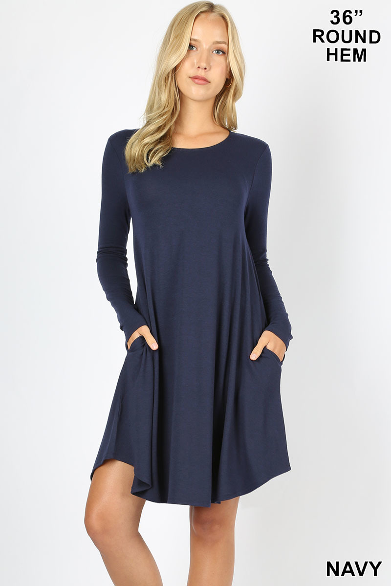 Wholesale Premium Long Sleeve A-Line Round Hem Rayon Tunic with Pockets