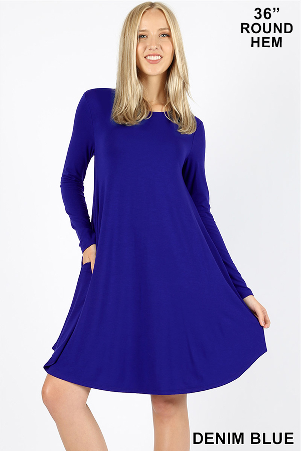 Wholesale Premium Long Sleeve A-Line Round Hem Rayon Tunic with Pockets