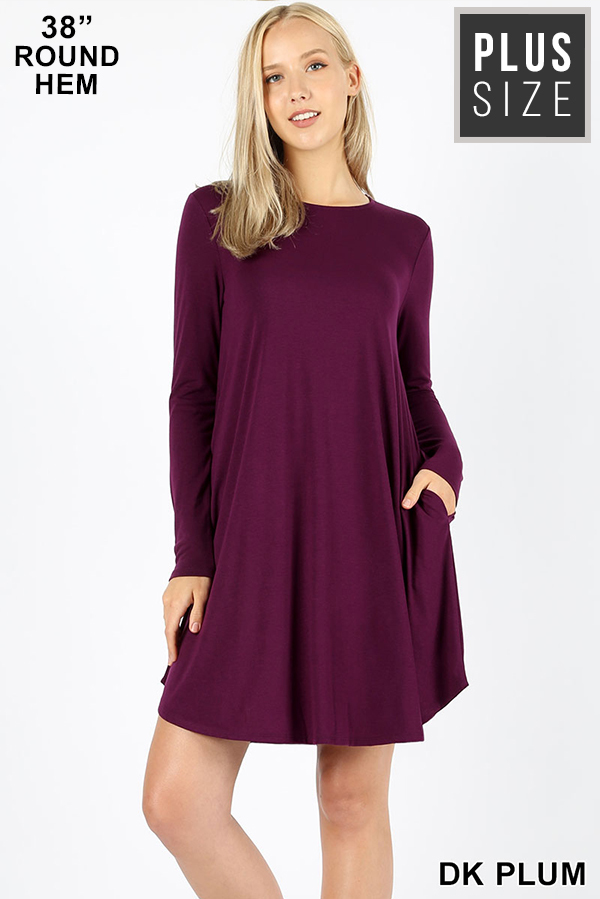 Wholesale Premium Long Sleeve A-Line Round Hem Plus Size Rayon Tunic with Pockets