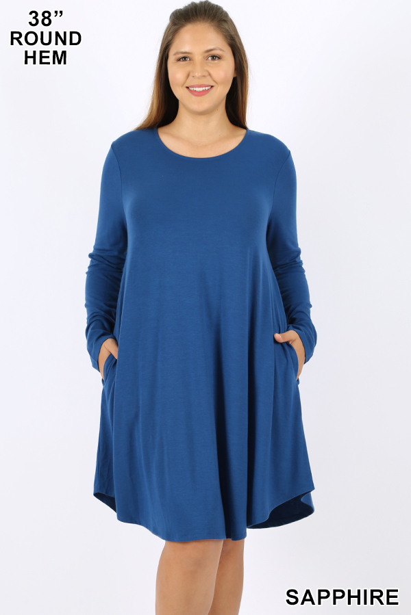 Wholesale Premium Long Sleeve A-Line Round Hem Plus Size Rayon Tunic with Pockets