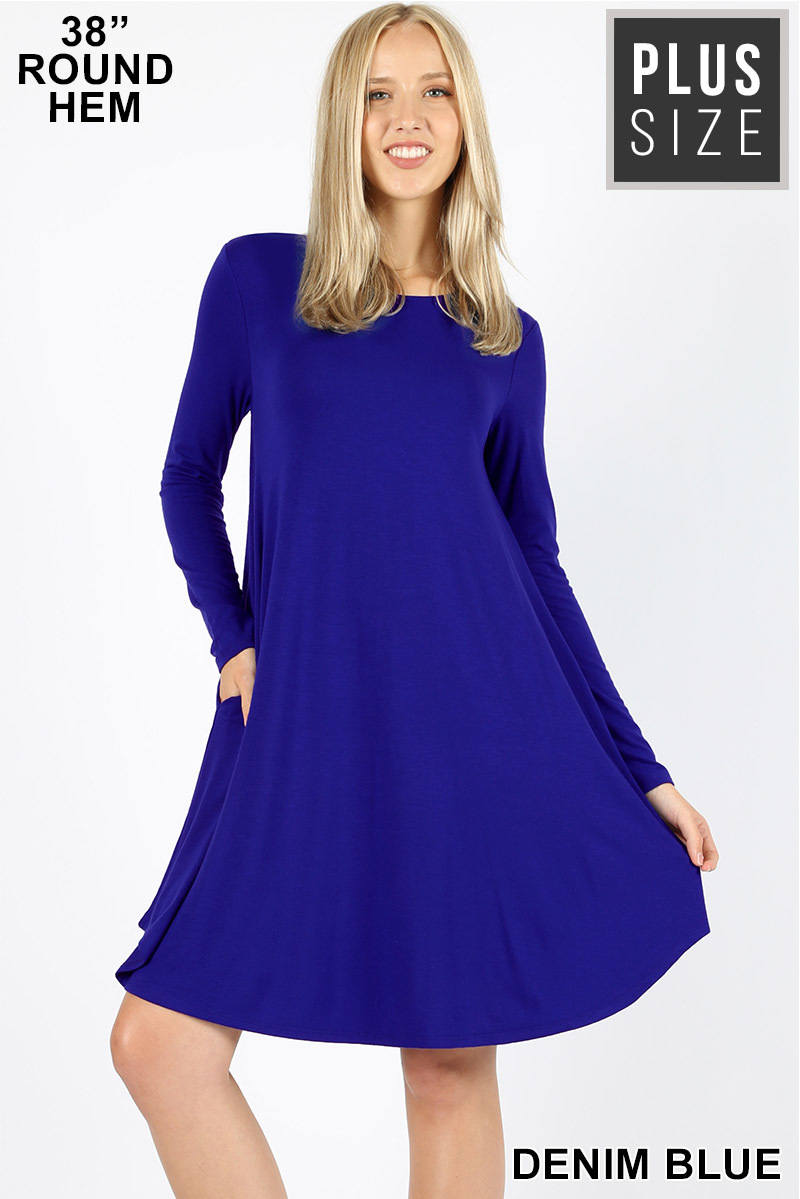 Wholesale Premium Long Sleeve A-Line Round Hem Plus Size Rayon Tunic with Pockets