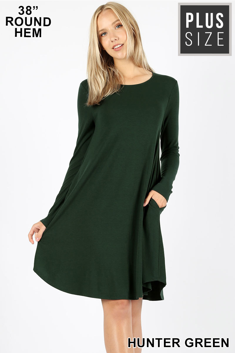 Wholesale Premium Long Sleeve A-Line Round Hem Plus Size Rayon Tunic with Pockets