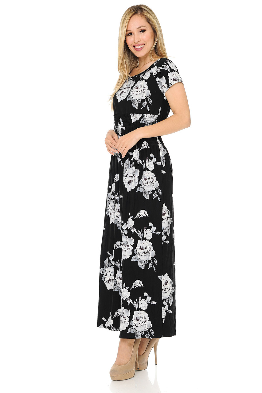 Wholesale Buttery Smooth Short Sleeve White Rose Maxi Dress