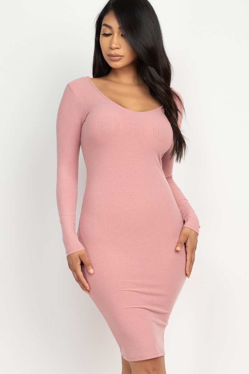 Wholesale Long Sleeve Scoop Neck Rib Knit Bodycon Midi Dress