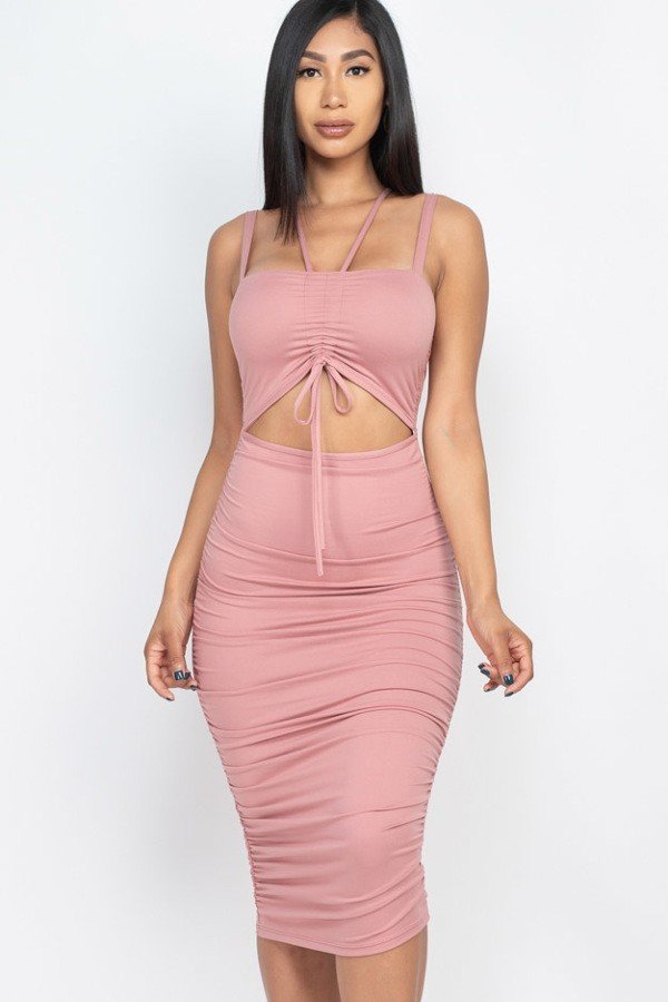 Wholesale Ruched Drawstring Front Cut Out Double Strap Bodycon Midi Dress