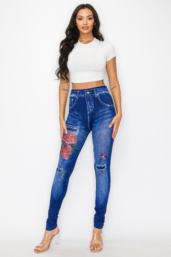 Wholesale Ripped Roses Bling Accent Faux Denim Leggings