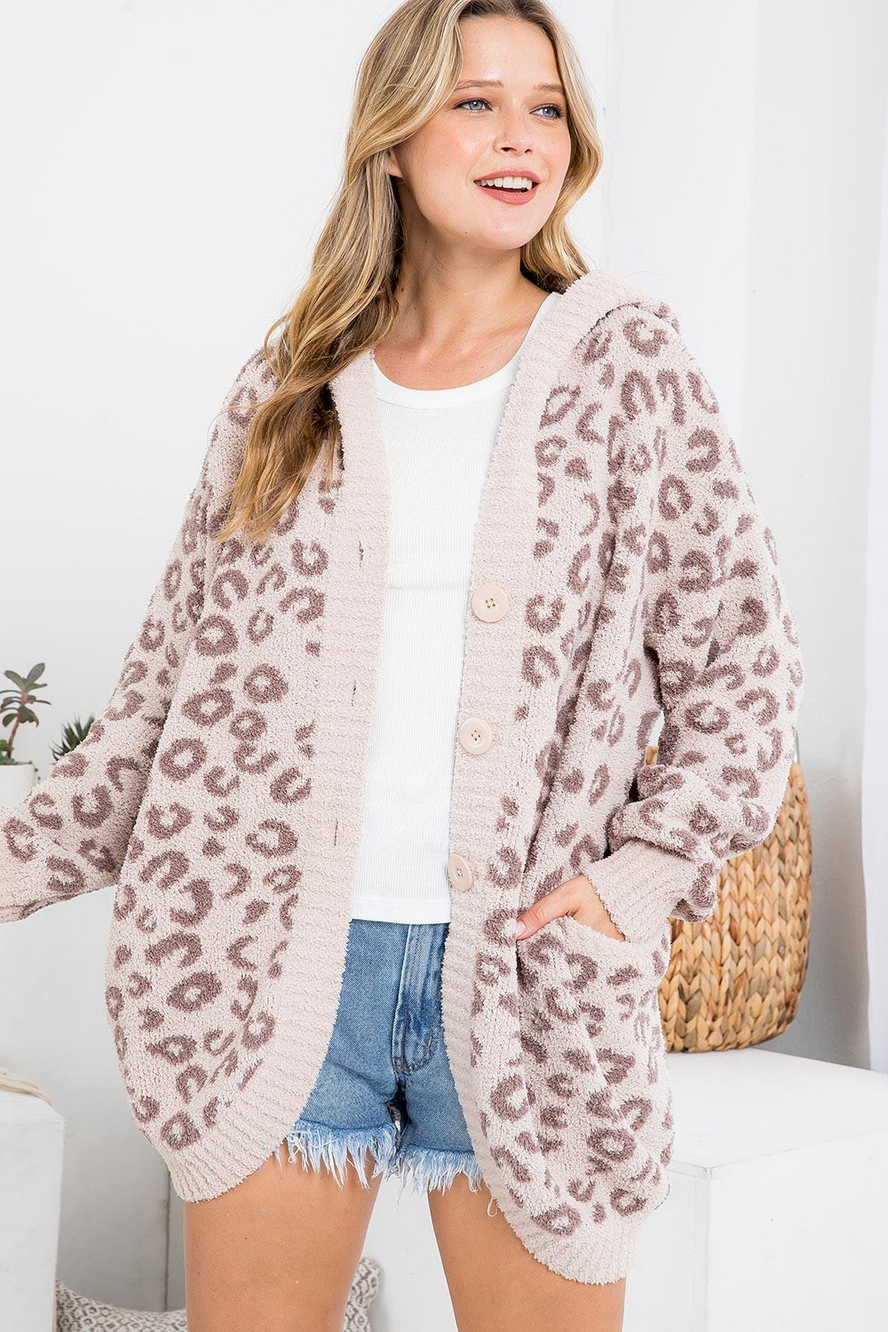 Plus Size - Wholesale Leopard Button Down Soft Sweater Hoodie - 6 Pack