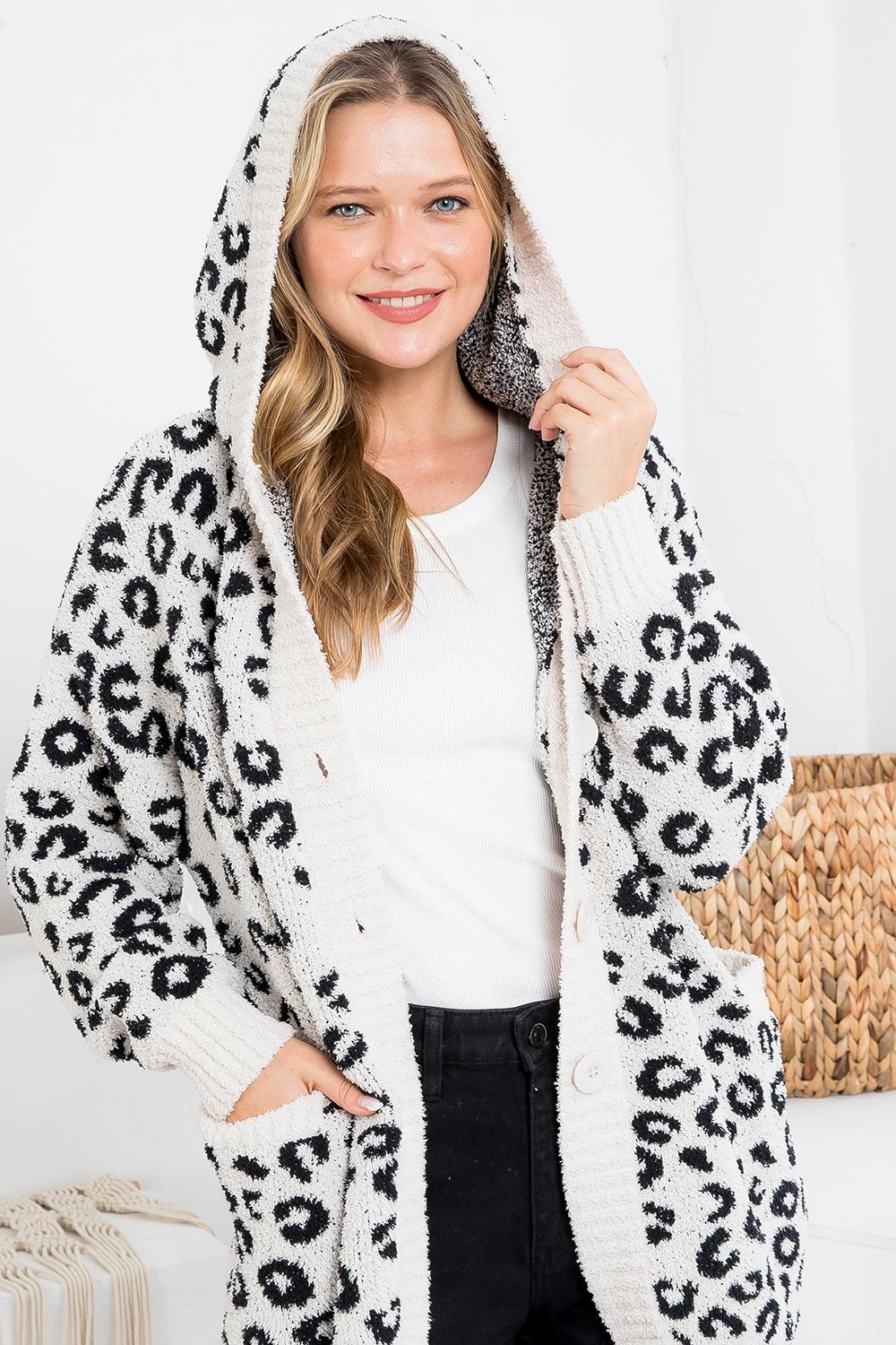 Plus Size - Wholesale Leopard Button Down Soft Sweater Hoodie - 6 Pack