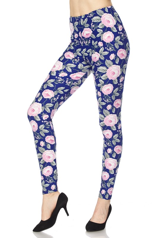 Wholesale Buttery Soft Pink on Blue Floral Blossom Leggings