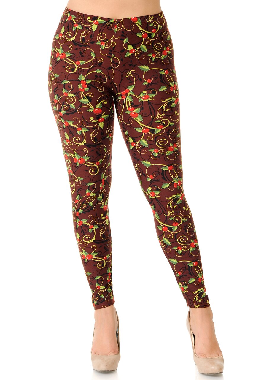 Wholesale Buttery Soft Christmas Holly Plus Size Leggings
