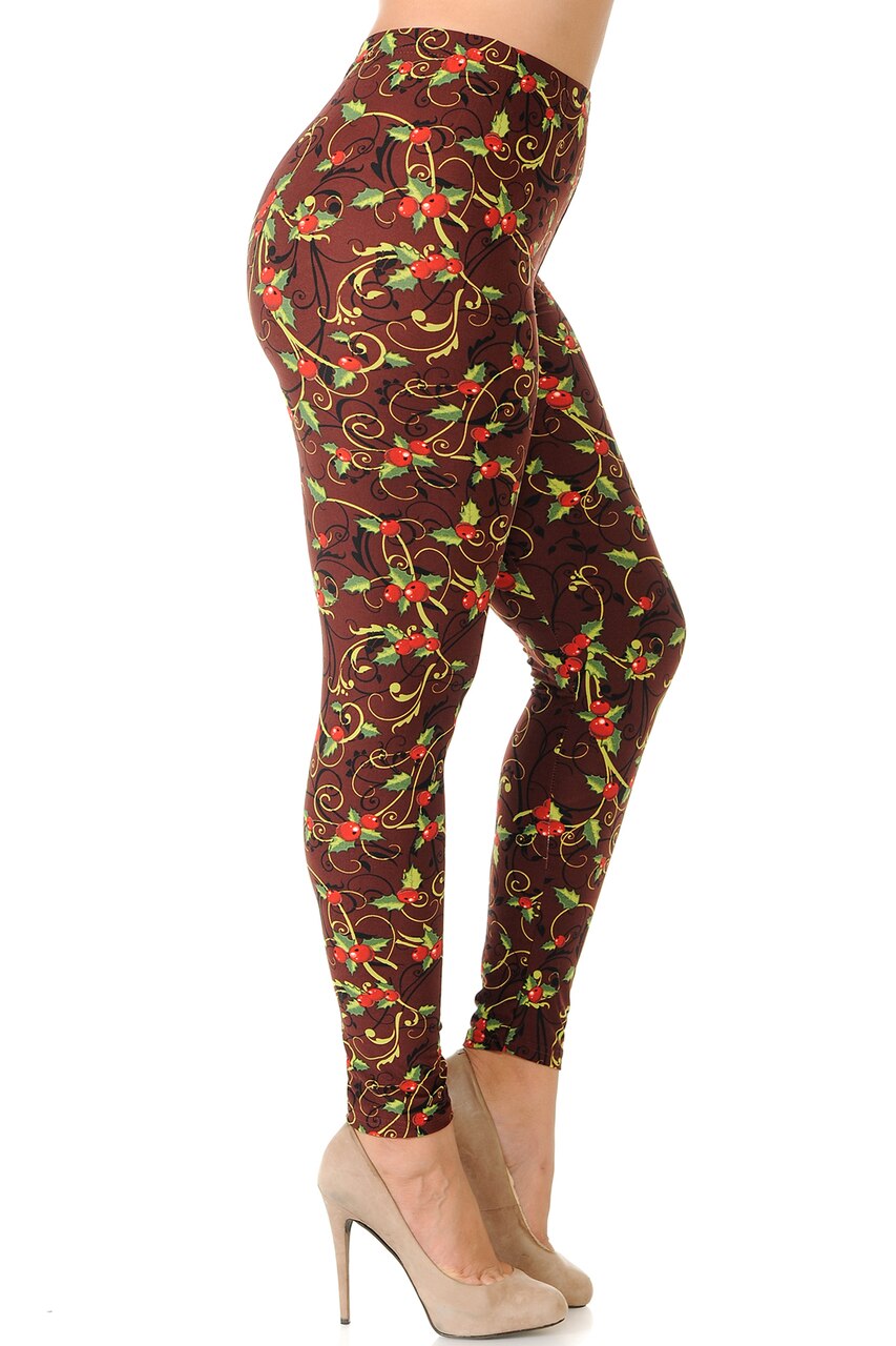 Wholesale Buttery Soft Christmas Holly Plus Size Leggings