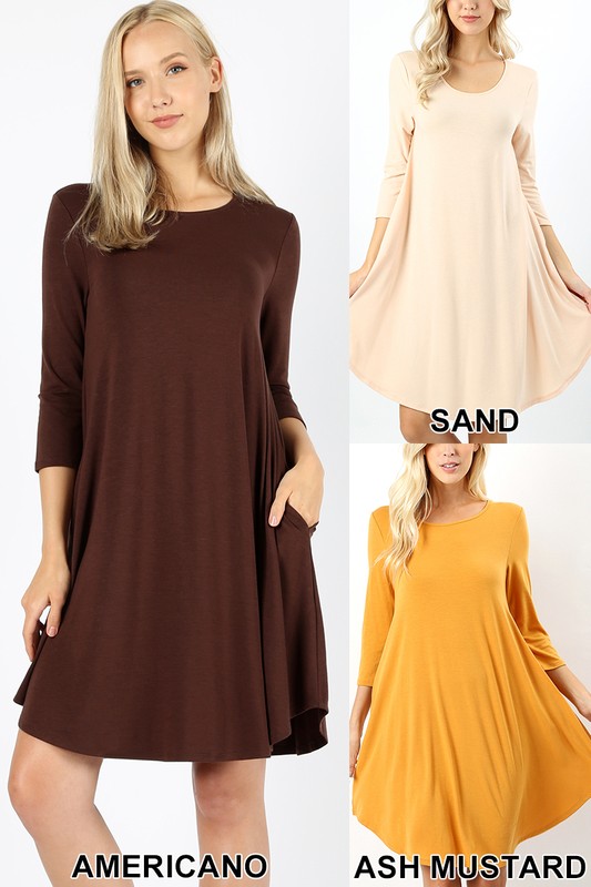 Wholesale 3/4 Sleeve Longline Round Hem Rayon Tunic with Pockets