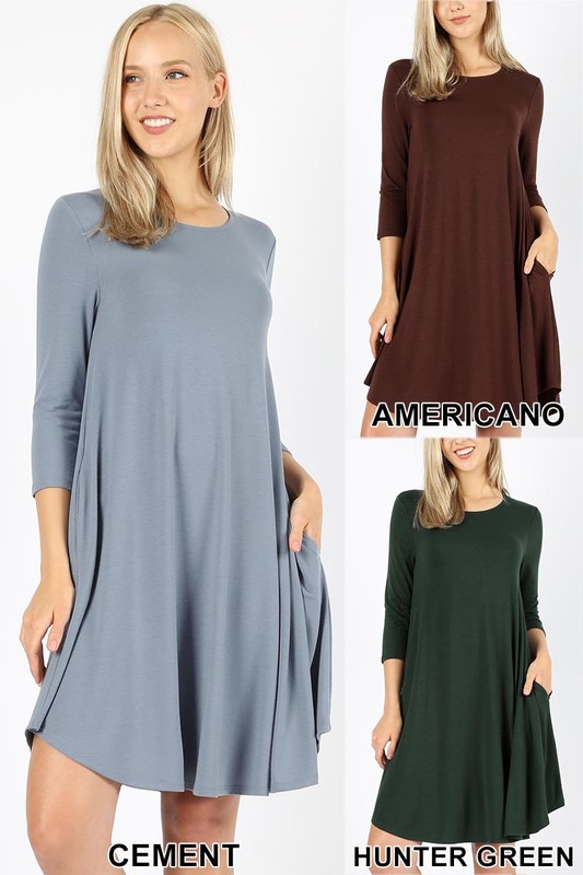 Wholesale 3/4 Sleeve Longline Round Hem Rayon Tunic with Pockets