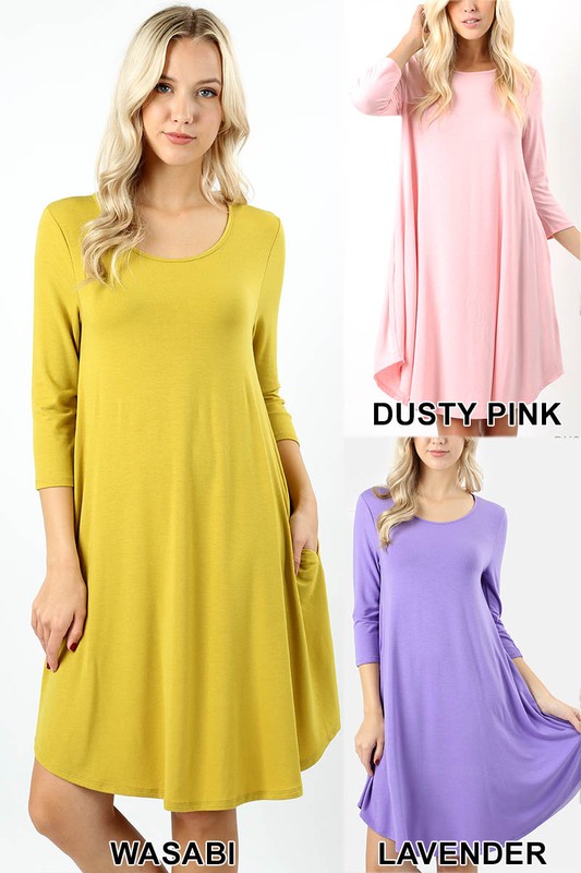 Wholesale 3/4 Sleeve Longline Round Hem Rayon Tunic with Pockets