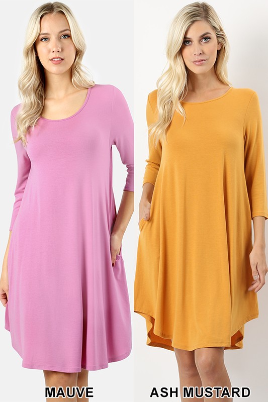 Wholesale 3/4 Sleeve Longline Round Hem Rayon Tunic with Pockets