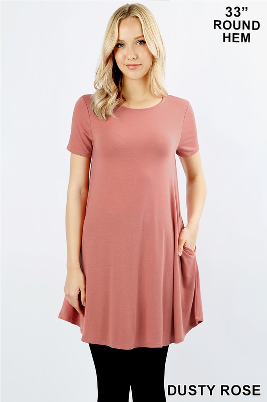 Wholesale Round Neck Round Hem Short Sleeves Tunic with Pockets