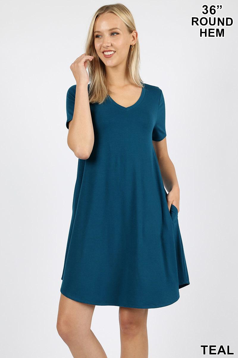 Wholesale V-Neck Round Hem Short Sleeve Rayon Top with Pockets - 36 Inch