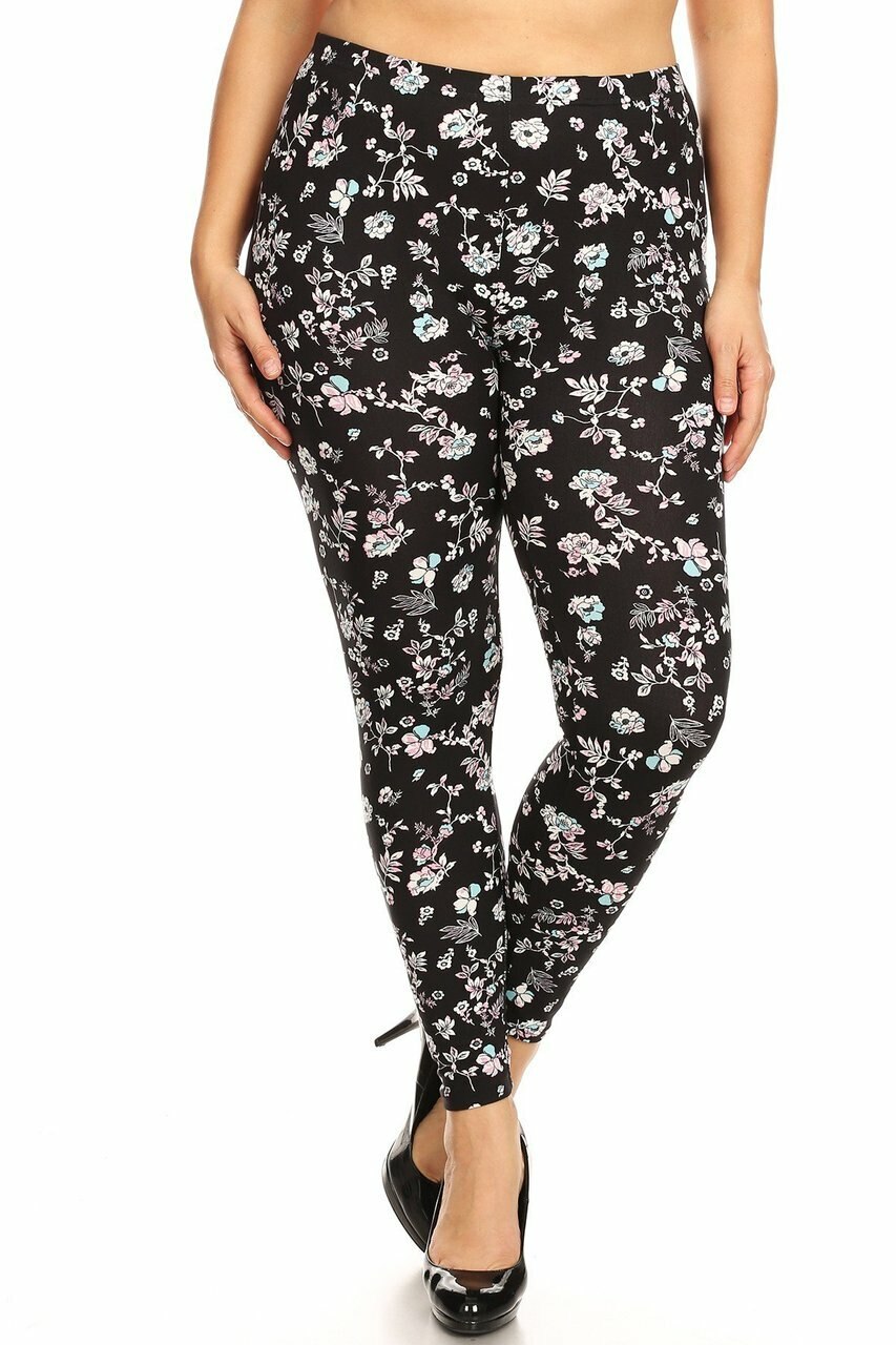 Wholesale Buttery Smooth Ebony Spring Floral Plus Size Leggings