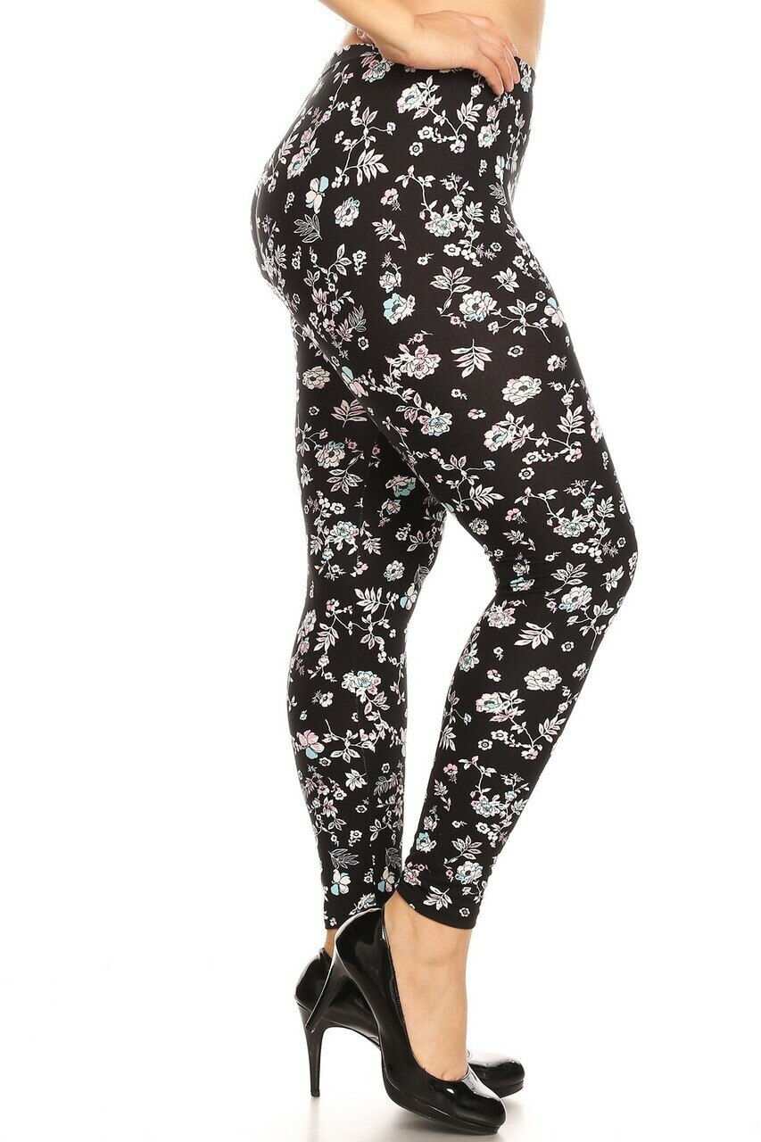 Wholesale Buttery Smooth Ebony Spring Floral Plus Size Leggings