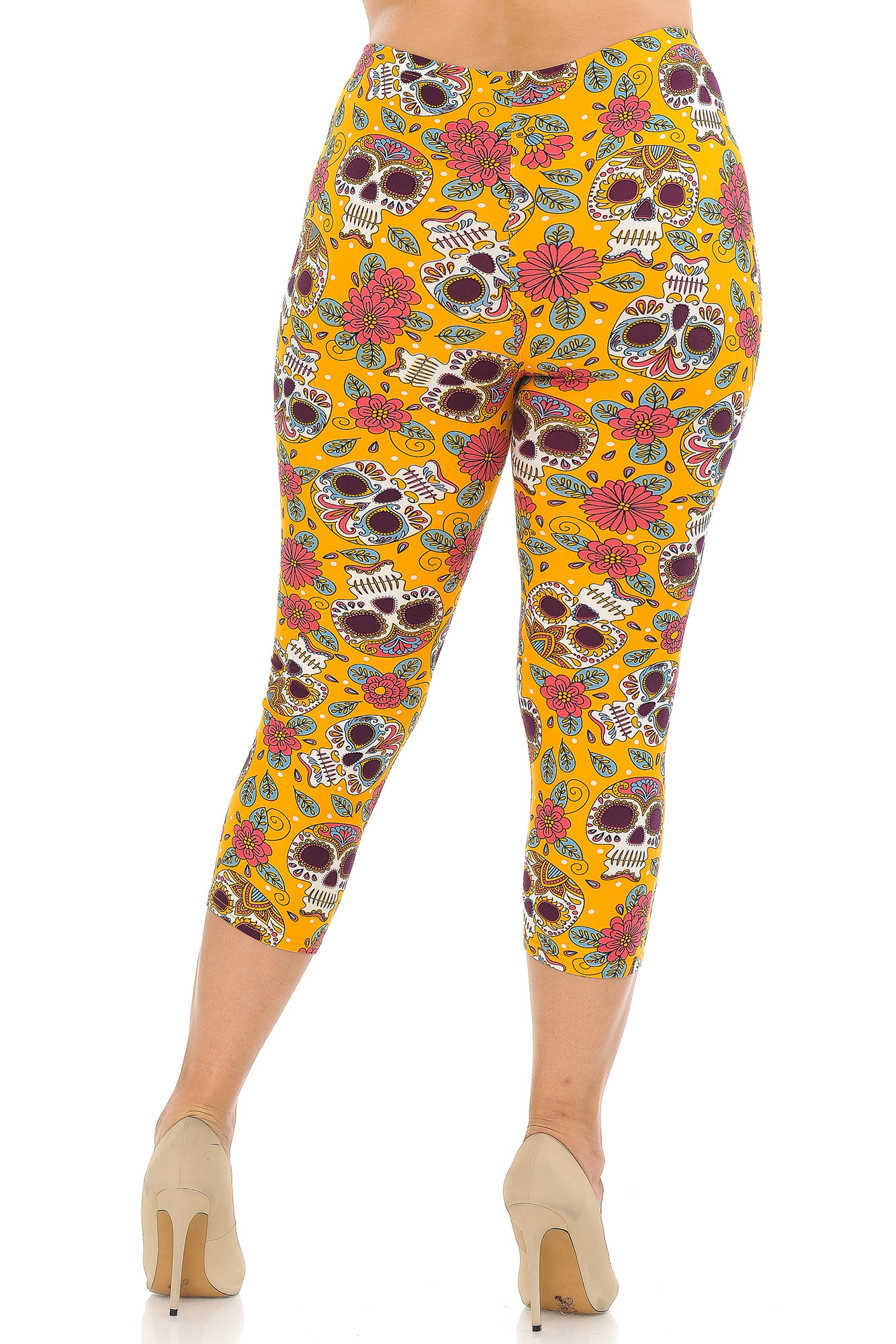 Wholesale Buttery Smooth Mustard Summer Sugar Skull Plus Size Capris