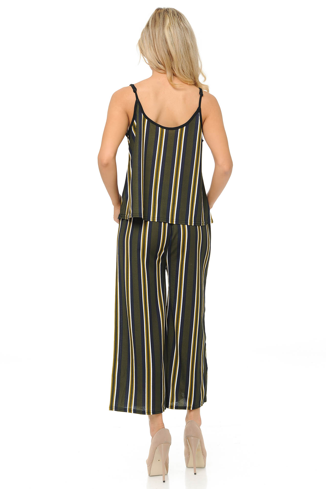 Wholesale Olive Stripes Summer Palazzo Capri and Spaghetti Tank Top Set