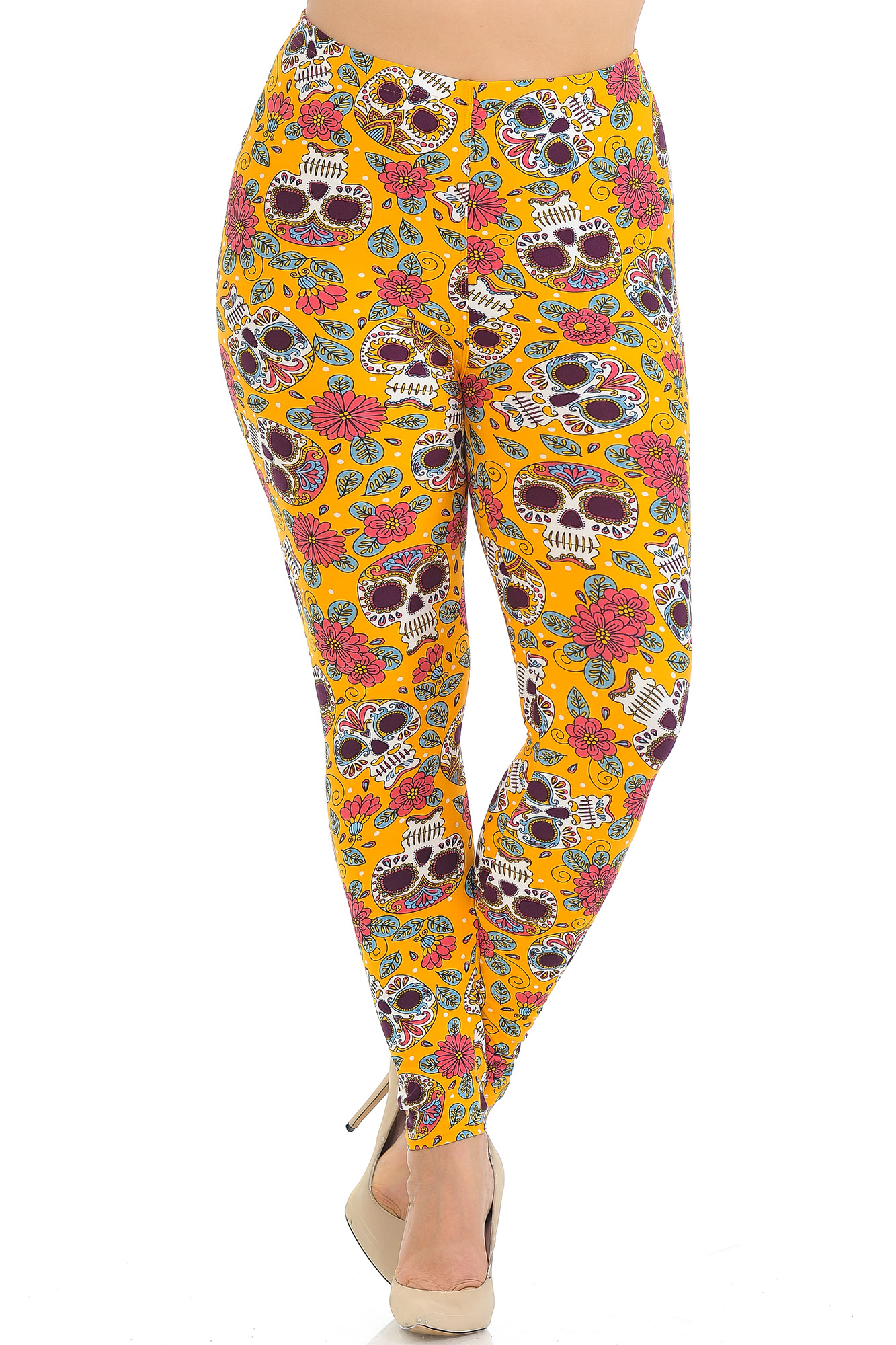 Wholesale Buttery Smooth Mustard Summer Sugar Skull Plus Size Leggings