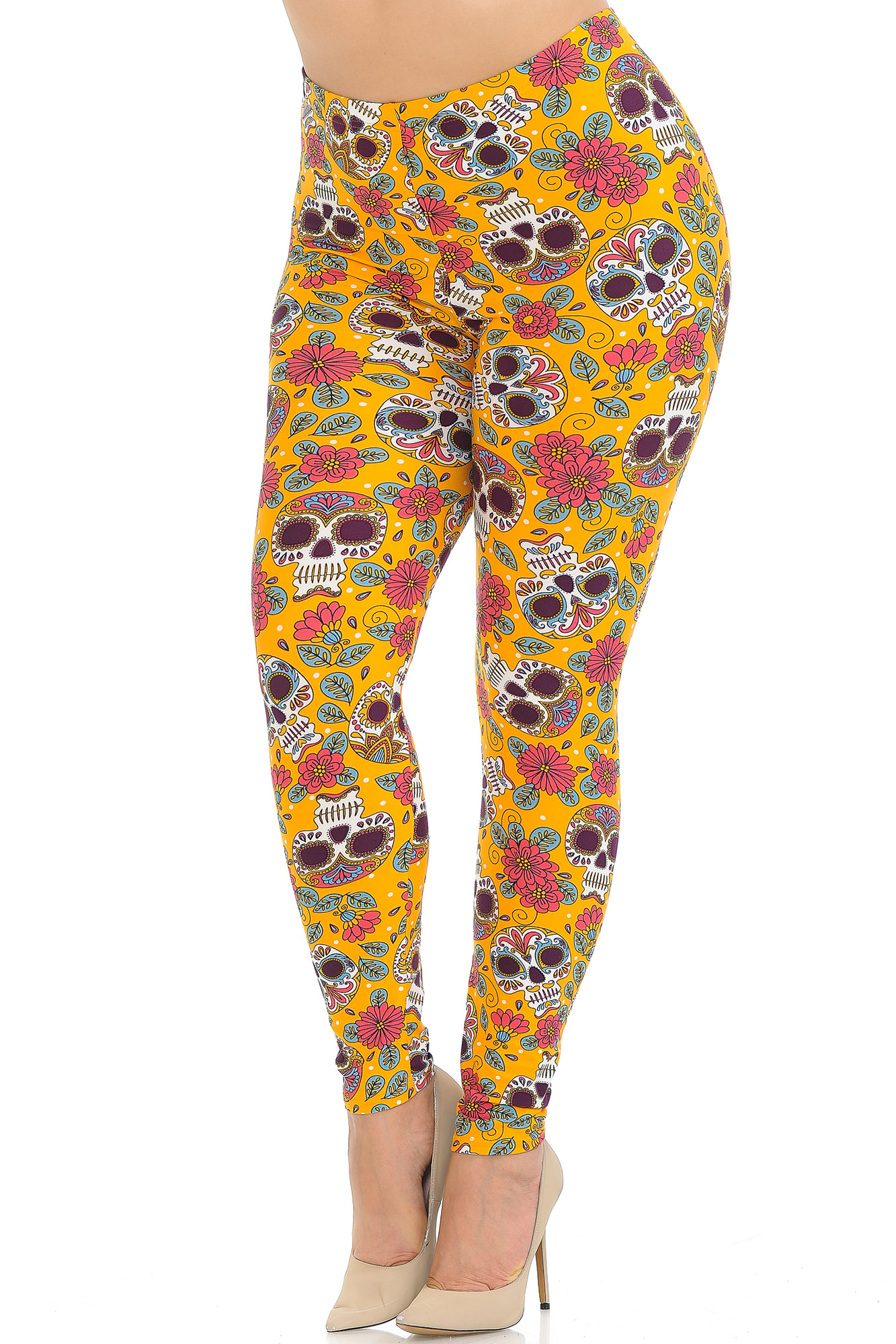 Wholesale Buttery Smooth Mustard Summer Sugar Skull Plus Size Leggings