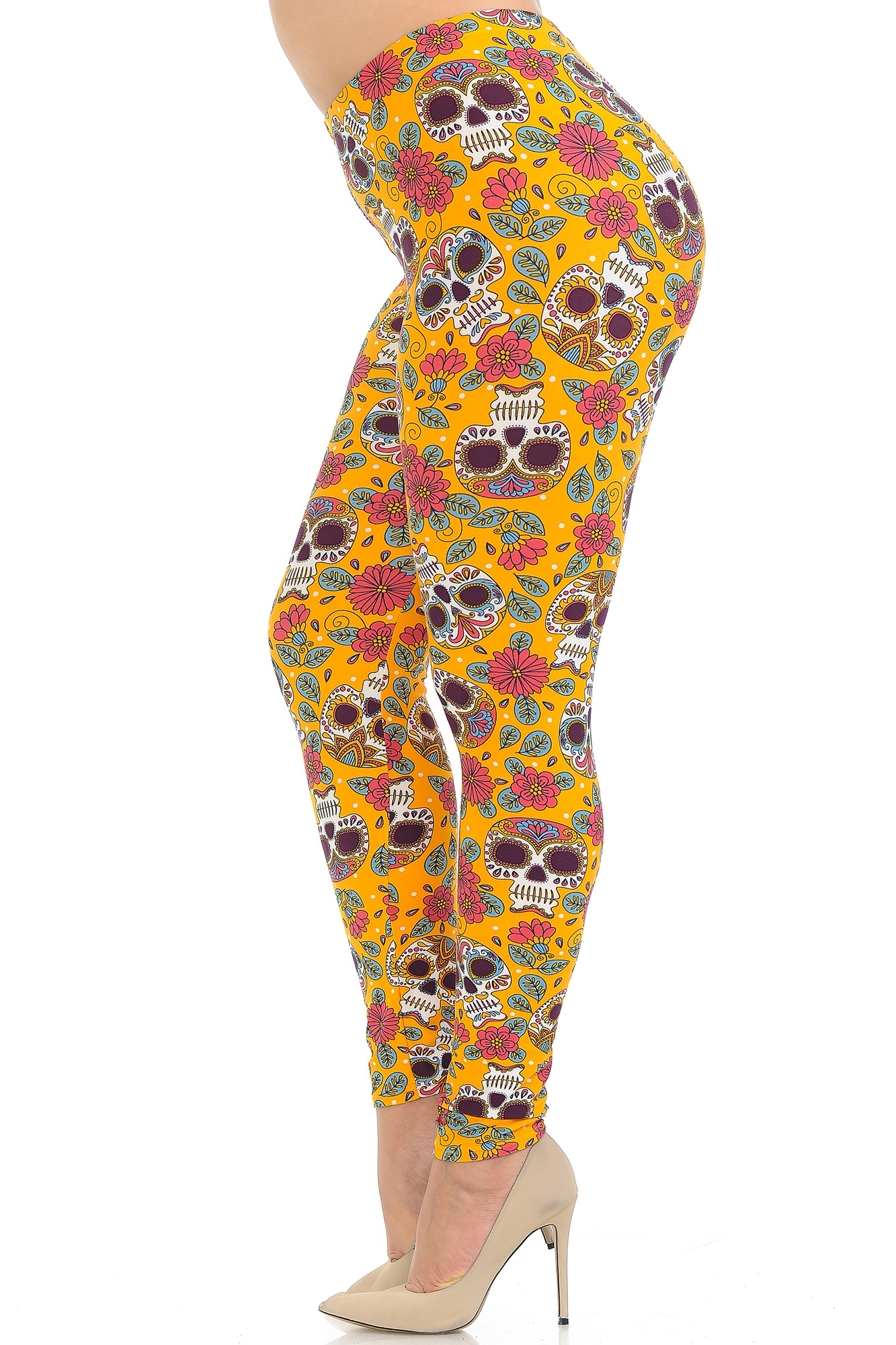 Wholesale Buttery Smooth Mustard Summer Sugar Skull Plus Size Leggings