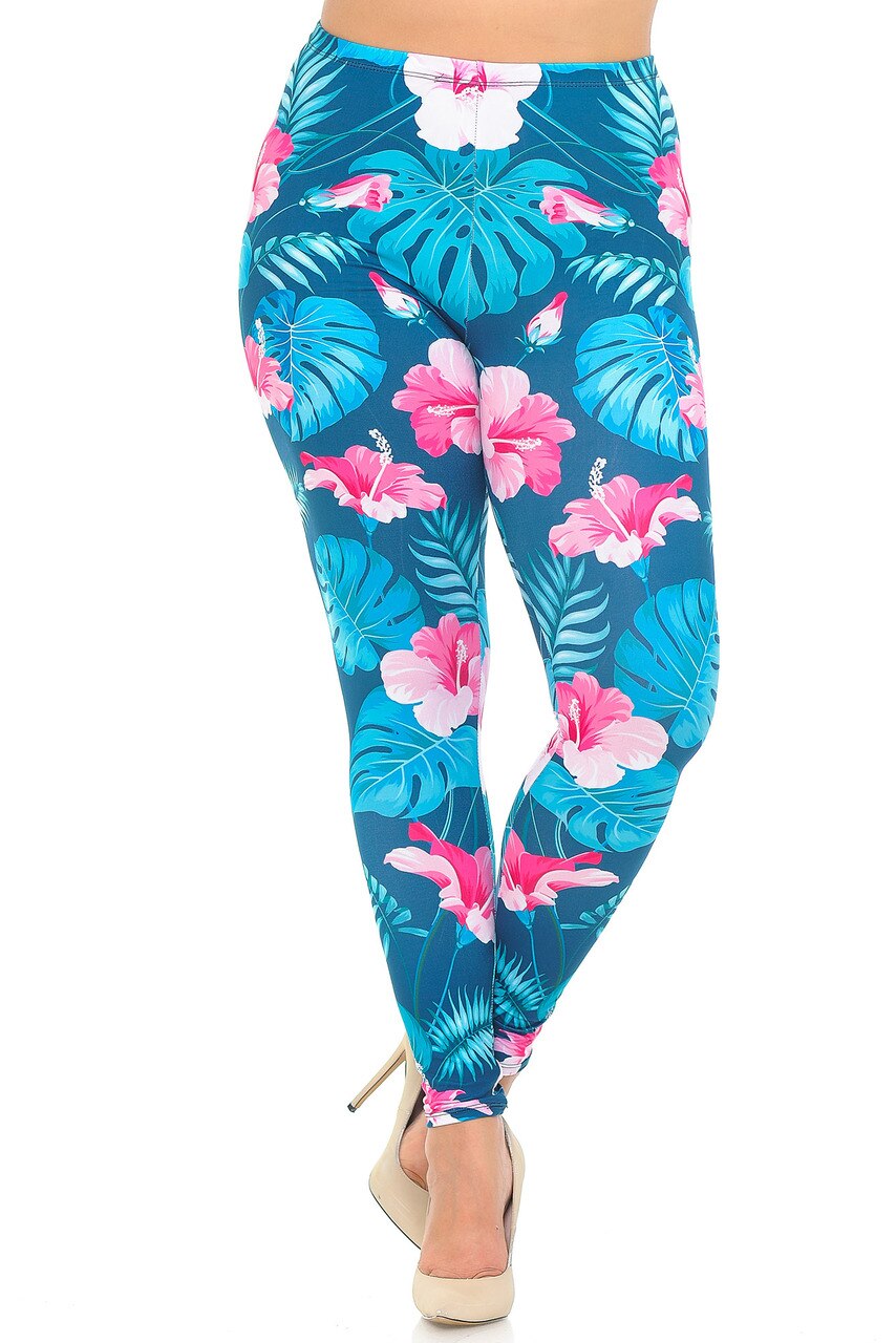 Wholesale Soft Double Brushed Tropical Pink  Flowers Plus Size Leggings