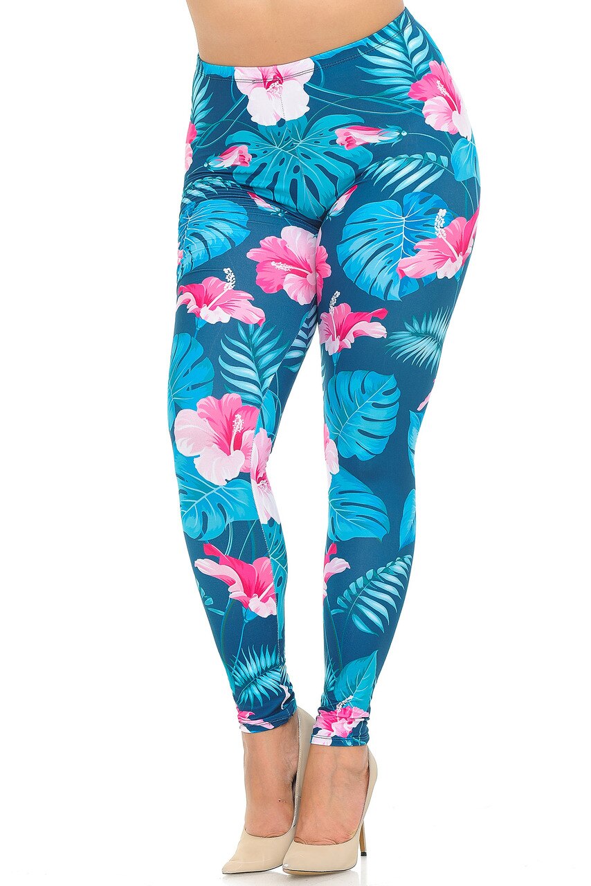 Wholesale Soft Double Brushed Tropical Pink  Flowers Plus Size Leggings