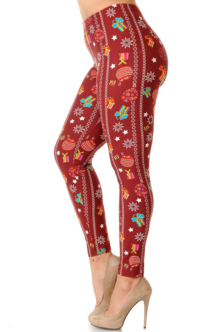 Wholesale Buttery Soft Burgundy Christmas Ornaments Plus Size Leggings