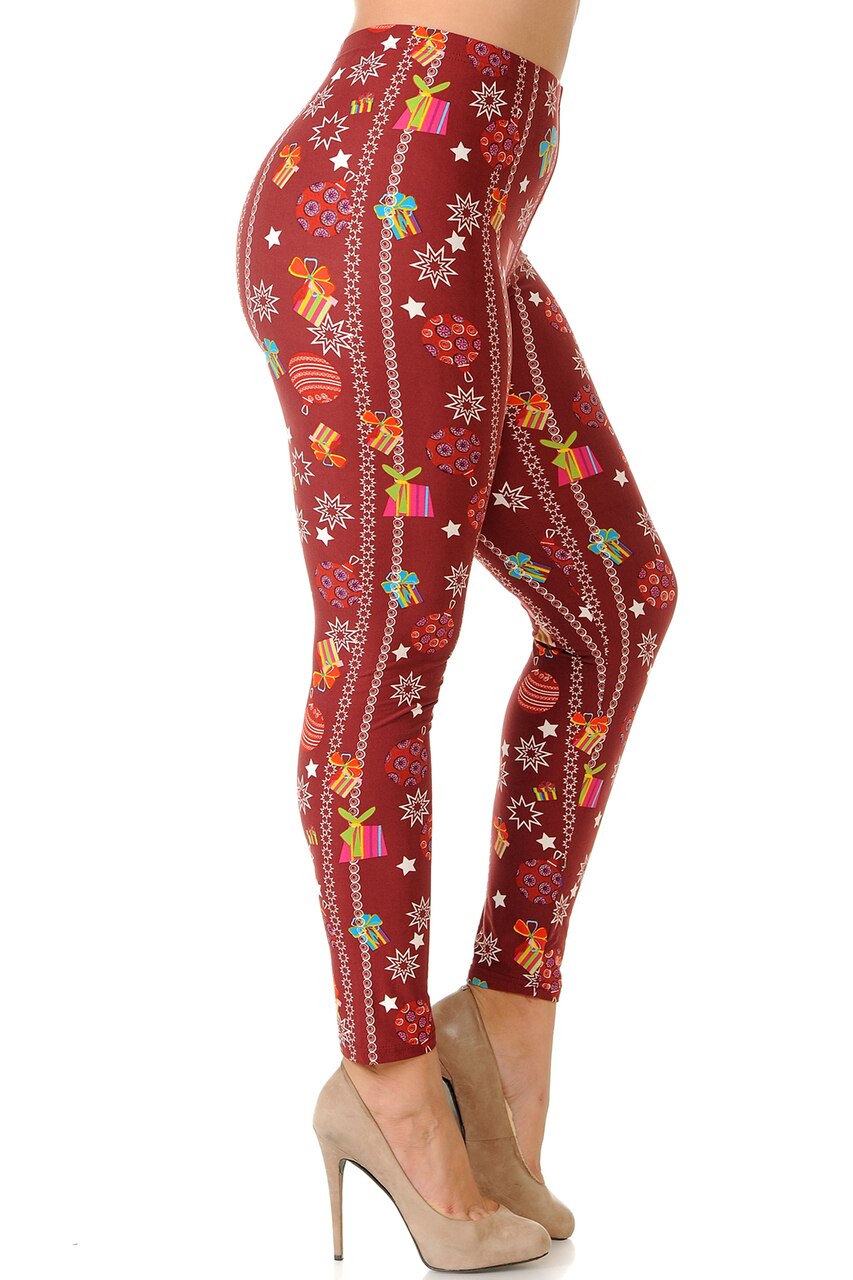 Wholesale Buttery Soft Burgundy Christmas Ornaments Plus Size Leggings