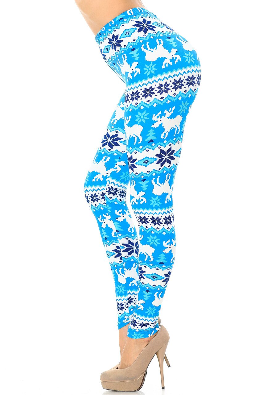 Wholesale Buttery Smooth Icy Blue Christmas Reindeer Plus Size Leggings